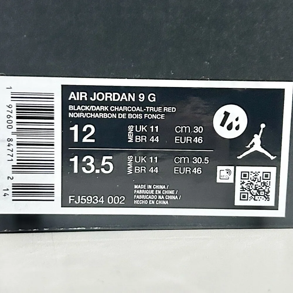 Air Jordan 9 Low G “Charcoal” Men’s Size 11.5-12 Red Black Golf Shoes No Lid